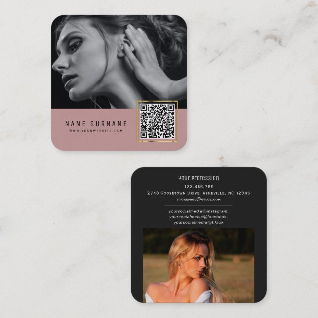 Strichcode QR-Foto mit rosafarbenem Scanner Quadratische Visitenkarte (Vorne/Hinten)