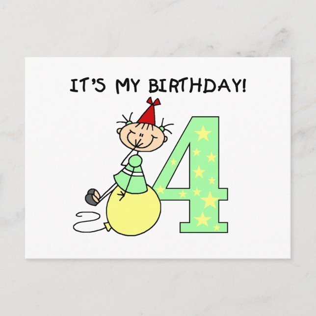 Strichfigur-Mädchen 4. Geburtstag Tshirts und Gesc Postkarte (Vorderseite)