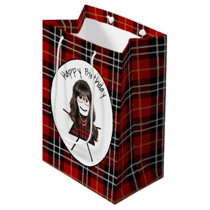 Strichfigur-Mädchen am Geburtstag auf Tartan Karie Mittlere Geschenktüte