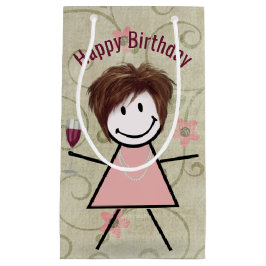 Strichfigur-Mädchen am Geburtstag mit Rotwein Kleine Geschenktüte