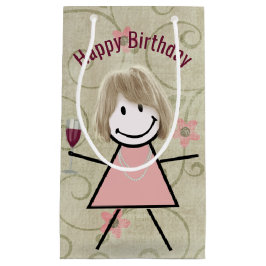 Strichfigur-Mädchen am Geburtstag mit Rotwein Kleine Geschenktüte