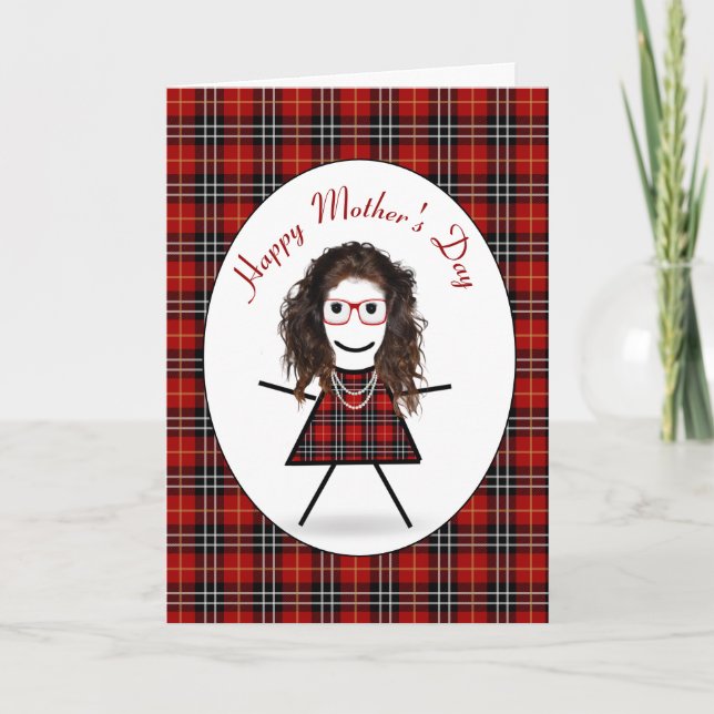 Strichfigur-Mädchen am Muttertag auf Tartan Karier Feiertagskarte (Vorderseite)