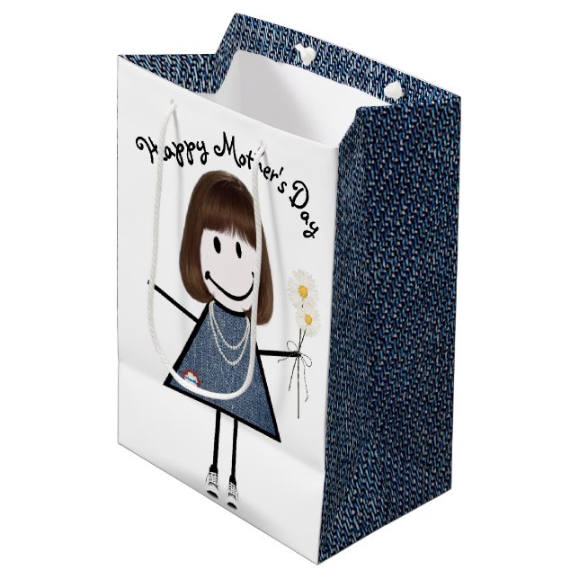 Strichfigur-Mädchen der Mutter mit den Daisies Mittlere Geschenktüte (Vorderseite Schrägansicht)