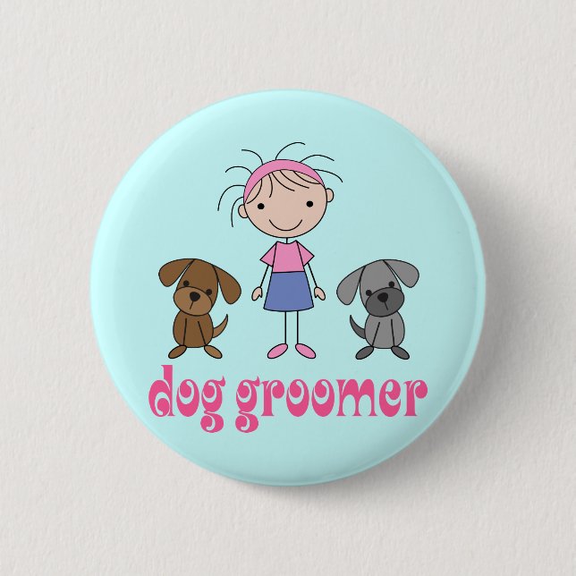Strichfigur-Mädchen-Haustier-Berufs-HundeGroomer Button (Vorderseite)