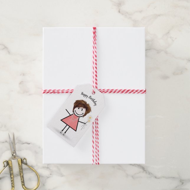 Strichfigur-Mädchen in Gingham Dress Geschenkanhänger (Mit Garn)