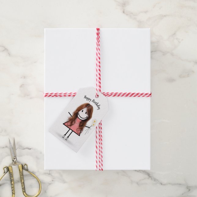 Strichfigur-Mädchen in Gingham Dress Geschenkanhänger (Mit Garn)