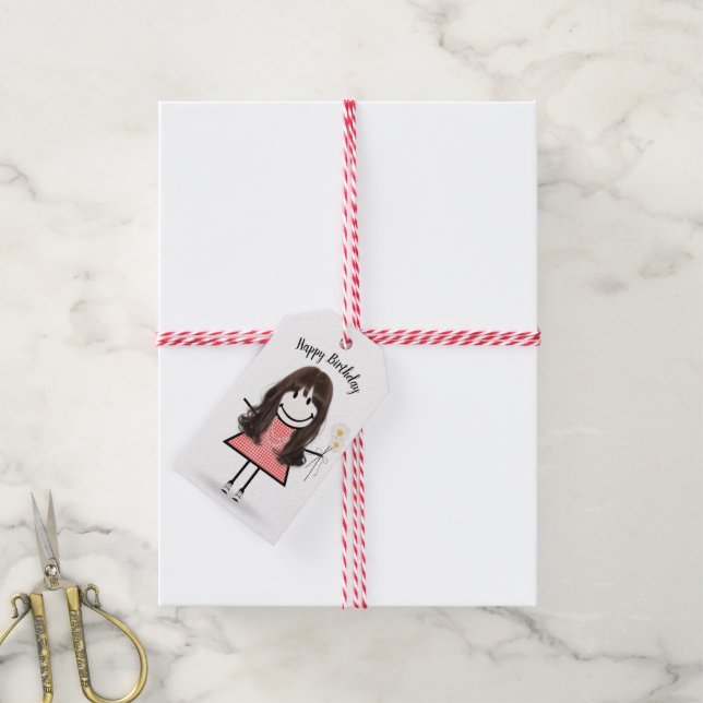 Strichfigur-Mädchen in Gingham Dress Geschenkanhänger (Mit Garn)