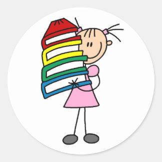 Strichfigur-Mädchen mit Büchern Runder Aufkleber