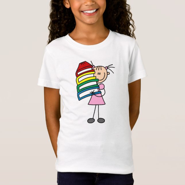 Strichfigur-Mädchen mit Büchern T-Shirt (Vorderseite)