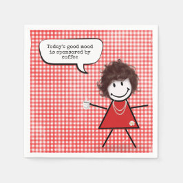Strichfigur-Mädchen mit Kaffee Tasse auf Gingham Serviette