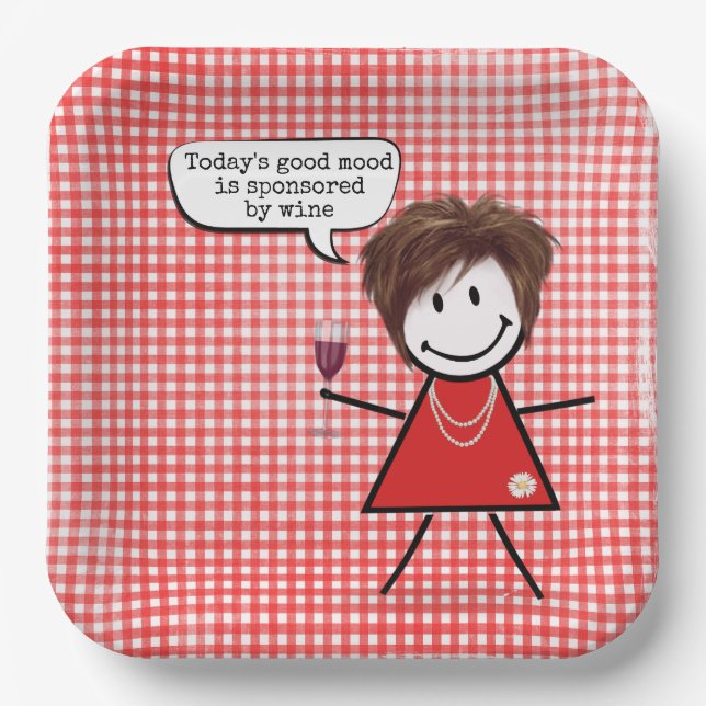 Strichfigur-Mädchen mit Weinglas auf Gingham Pappteller (Vorderseite)