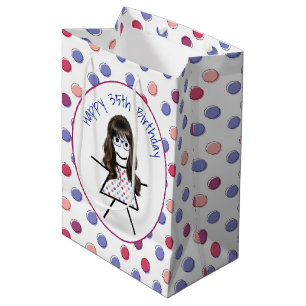 Strichfigur-Mädchen zum 35. Geburtstag auf Polka D Mittlere Geschenktüte