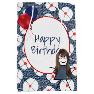 Strichfigur-Mädchen zum Geburtstag mit dem Haar Mittlere Geschenktüte