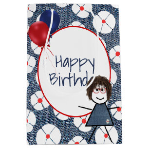 Strichfigur-Mädchen zum Geburtstag mit dem Haar Mittlere Geschenktüte