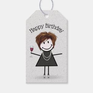 Strichfigur-Mädchen zum Geburtstag mit Wein und Sn Geschenkanhänger