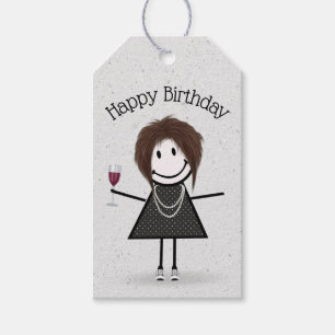 Strichfigur-Mädchen zum Geburtstag mit Wein und Sn Geschenkanhänger