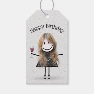 Strichfigur-Mädchen zum Geburtstag mit Wein und Sn Geschenkanhänger