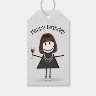 Strichfigur-Mädchen zum Geburtstag mit Wein und Sn Geschenkanhänger