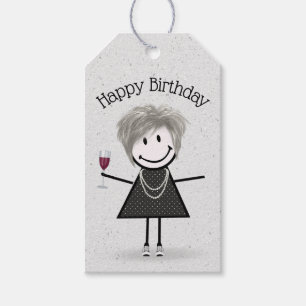 Strichfigur-Mädchen zum Geburtstag mit Wein und Sn Geschenkanhänger