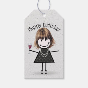 Strichfigur-Mädchen zum Geburtstag mit Wein und Sn Geschenkanhänger