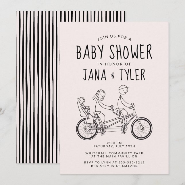 Strichmännchen auf Tandem mit Babysitz  Einladung (Vorne/Hinten)