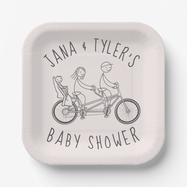 Strichmännchen auf Tandembike mit Kindersitz Pappteller (Vorderseite)