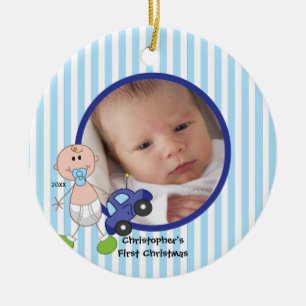 Strichmännchen-Baby-Junge-Foto-Weihnachtsbaumschmu Keramikornament