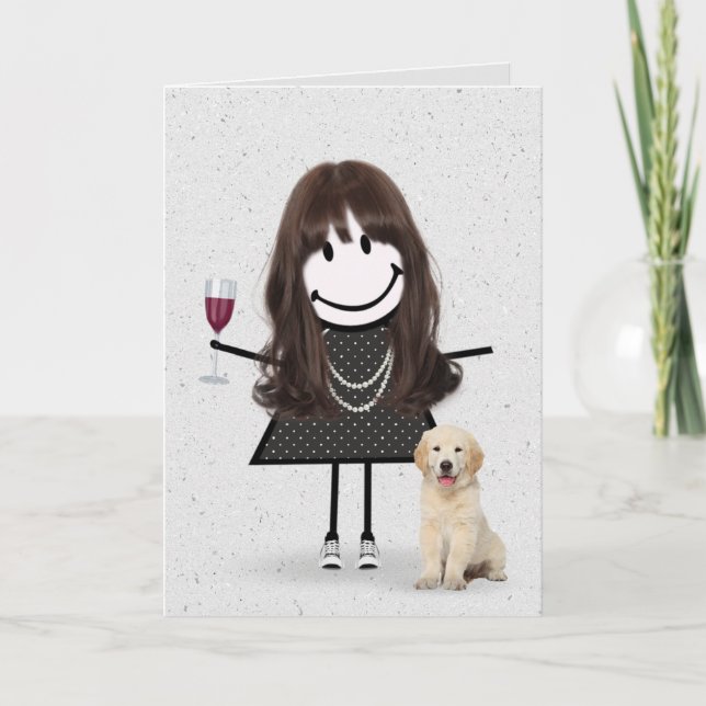 Strichmännchen Birthday Girl mit Hund Karte (Vorderseite)