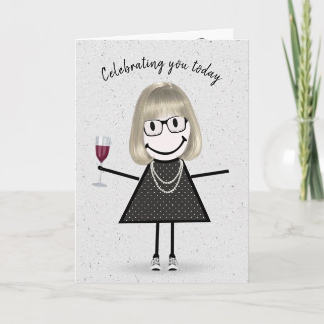 Strichmännchen Birthday Girl with Red Wine Karte (Vorderseite)