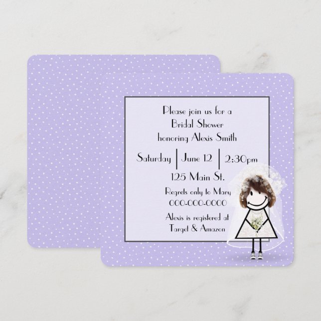 Strichmännchen-Brille auf Lila Polka-Punkten Einladung (Vorne/Hinten)