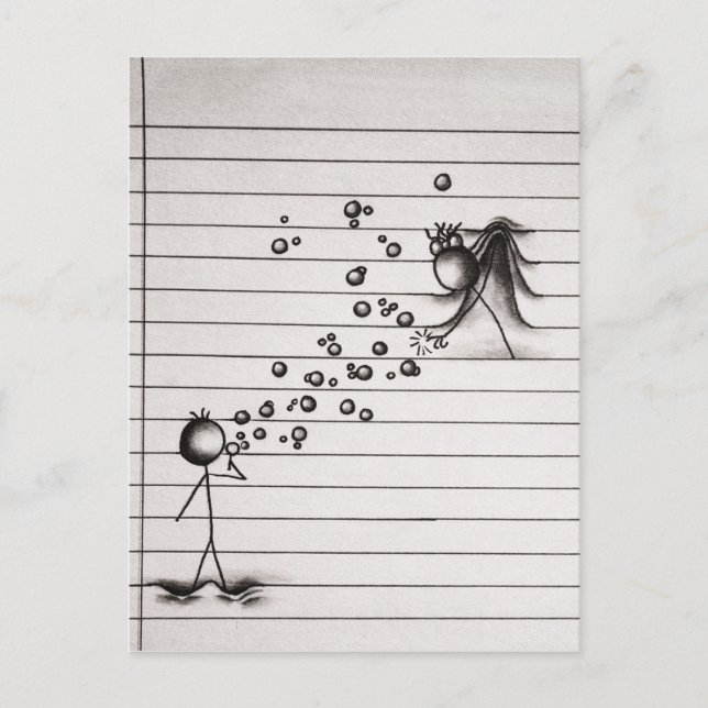 Strichmännchen Cartoon Junge blasen Blasen zu Mädc Postkarte (Vorderseite)