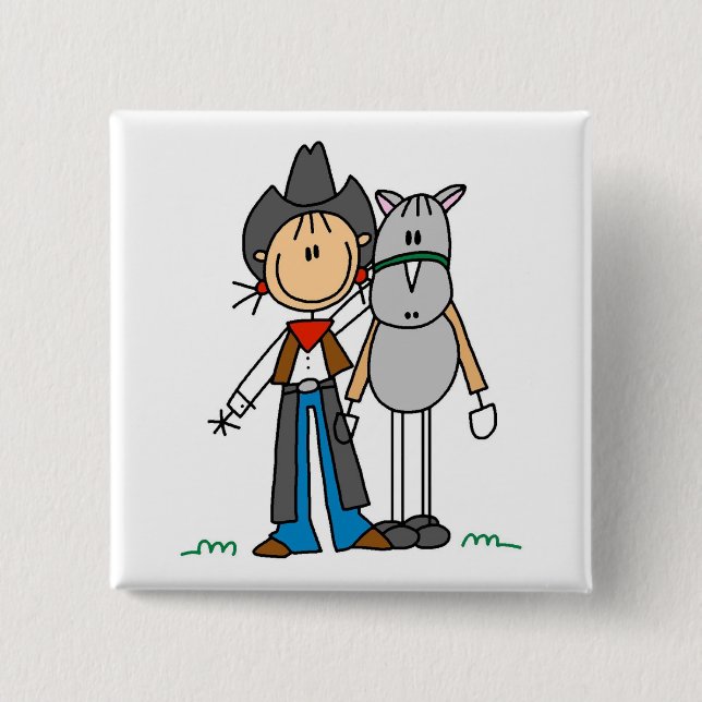 Strichmännchen-Cowgirl mit Pferdet-shirts Button (Vorderseite)