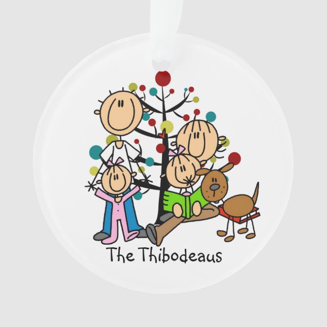 Strichmännchen Eltern, 2 Mädchen, Hundeverzierung Ornament (Vorderseite)