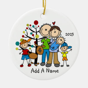 Strichmännchen-Familie mit 3 Kindern und Hund Keramik Ornament