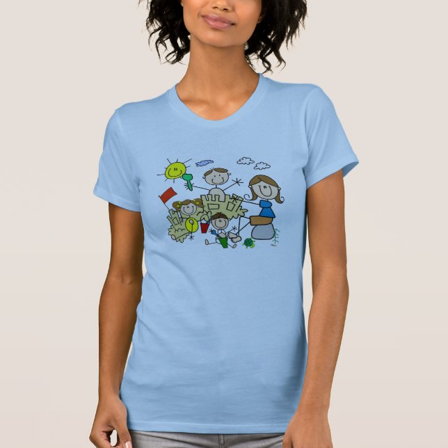 Strichmännchen-Familie Strandspaß T-Shirt (Vorderseite)