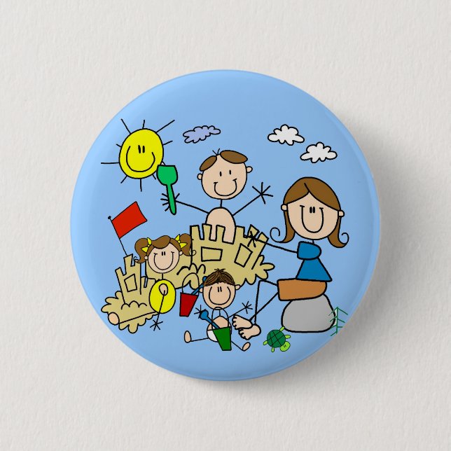 Strichmännchen-Familien-Strand-Spaß Button (Vorderseite)