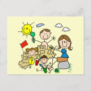 Strichmännchen-Familien-Strand-Spaß Postkarte