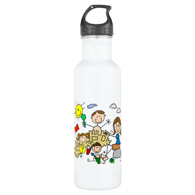 Strichmännchen-Familien-Strand-Spaß Trinkflasche (Vorderseite)