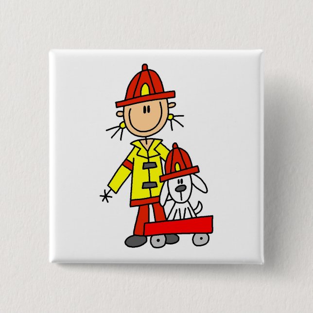 Strichmännchen-Feuerwehrmann mit Dalmatiner Button (Vorderseite)