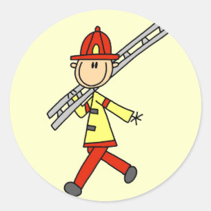 Strichmännchen-Feuerwehrmann mit Leiter Runder Aufkleber