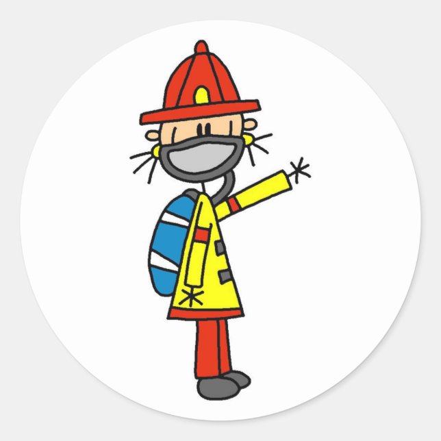 Strichmännchen Feuerwehrmann mit Maske Runder Aufkleber (Vorderseite)