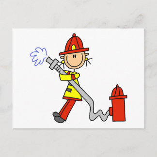 Strichmännchen Feuerwehrmann mit Schlauch Postkarte