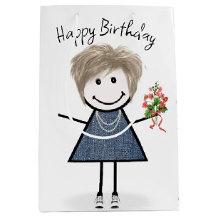 Strichmännchen Girl mit Bouquet Mittlere Geschenktüte