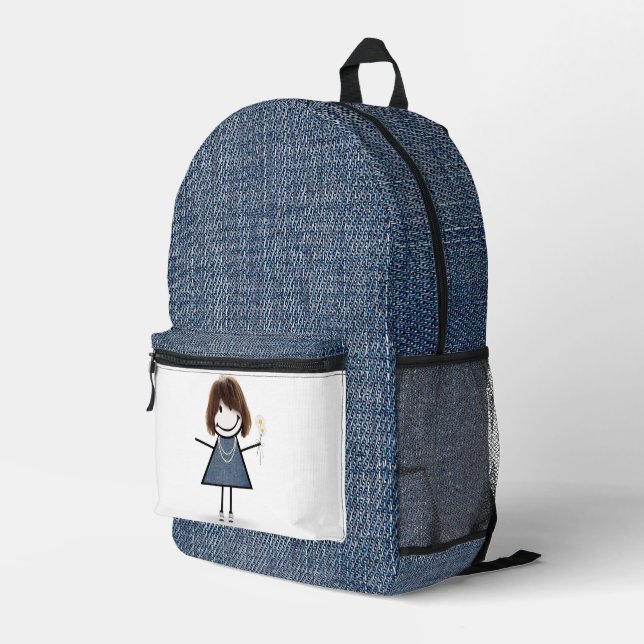 Strichmännchen Girl mit Daisis und Blue Denim Bedruckter Rucksack (Rückseitige Ecke Rechts)