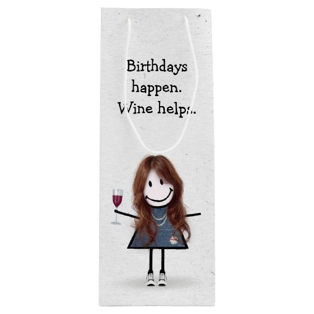 Strichmännchen Girl mit Rotem Weinglas Geschenktüte Für Weinflaschen (Vorderseite)