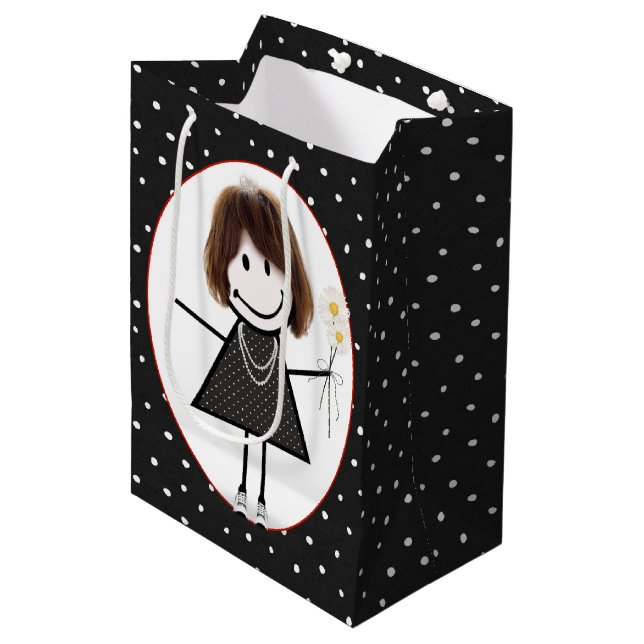 Strichmännchen Girl on Polka Dots Mittlere Geschenktüte (Vorderseite Schrägansicht)
