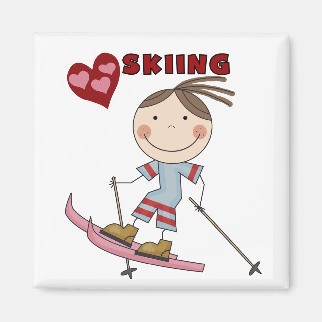 Strichmännchen Girl Skier Tshirts und Geschenke Magnet (Vorne)