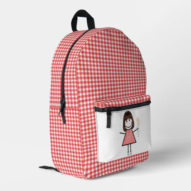 Strichmännchen Girl und Gingham Bedruckter Rucksack (Rückseitige Ecke links)