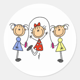 Strichmännchen GIrls Jumping Rope Runder Aufkleber