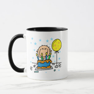 Strichmännchen-Junge mit Geburtstagskuchen-Geschen Tasse